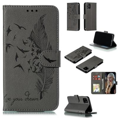 Feather patroon Litchi textuur horizontale Flip lederen draagtas met portemonnee & houder & kaartsleuven voor iPhone 11 (grijs)