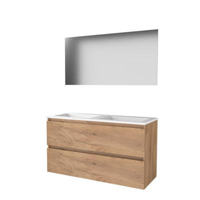 Basic-Line Ultimate 46 Badkamermeubelset - 120 x 46 cm - Greeploos - 2 Lades - Acryl Wastafel - 2 Kraangaten - Spiegel met Indirecte LED Verlichting - Whisky Oak