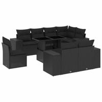 9-delige Loungeset met kussens poly rattan zwart - thumbnail