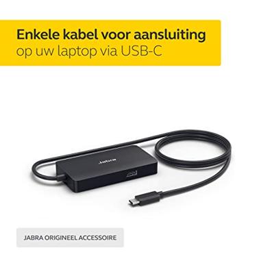Jabra PanaCast USB-hub voor aansluiting via USB-C. Meerdere kabeluitgangen maken het mogelijk om al uw apparaten via een enkele USB-C-aansluiting aan te sluiten
