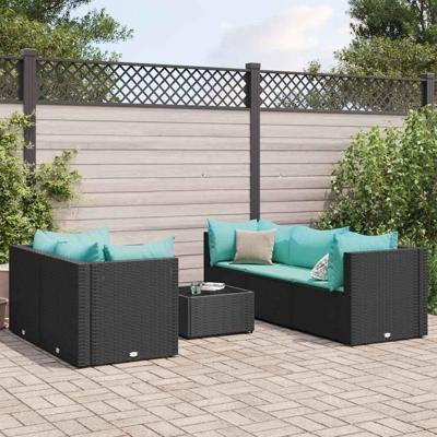 6-delige Loungeset met kussens poly rattan zwart