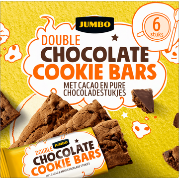 Jumbo Double Chocolate Cookie Bars met Cacao en Pure Chocoladestukjes 6 Stuks Jumbo Double Chocolate Cookie Bars met Cacao en Pure Chocoladestukjes 6 Stuks