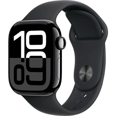 Apple Watch Series 10 (GPS + Cellular 42 mm) Smartwatch - Kast van gitzwart aluminium - Zwart sportbandje (M/L). Conditie bijhouden, Ecg-app, always on Retina-display, waterbestendig