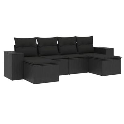 6-delige Loungeset met kussens poly rattan zwart
