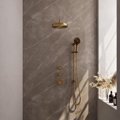 Brauer Stripe thermostatische inbouw regendouche SET 11 met 25 cm douchekop en gebogen muurarm en 3-standen handdouche en doucheslang en geintegreerde glijstang goud geborsteld PVD