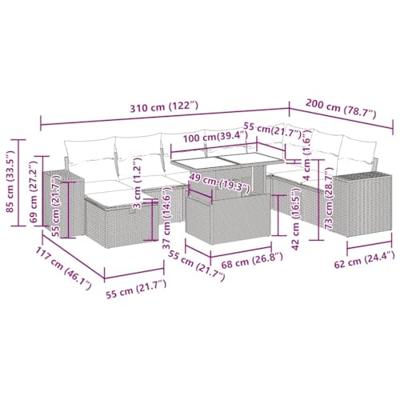 9-delige Loungeset met kussens poly rattan zwart