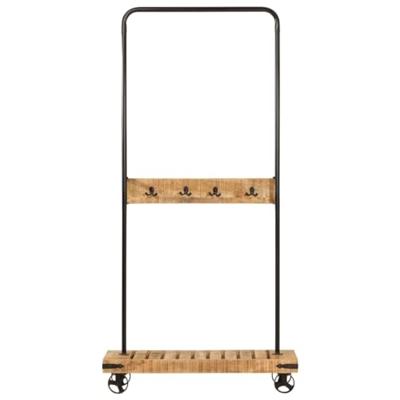Kledingrek met wieltjes 90x35x190 cm massief mangohout en ijzer