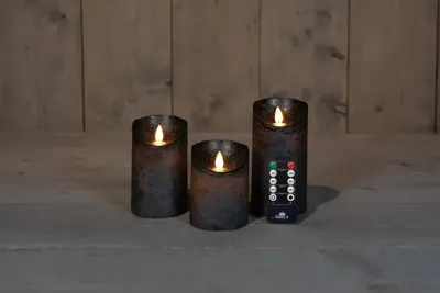 3St Kaars Antraciet Wax Rustiek Bewegende Vlam 7,5X10/12,5/15Cm Afstandsbediening 3X3Aaa Anna's Collection - Annas collection