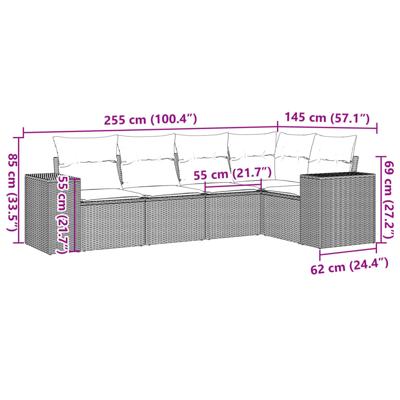 5-delige Loungeset met kussens poly rattan grijs - thumbnail