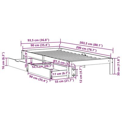 Bedframe met lades massief grenenhout 140x190 cm