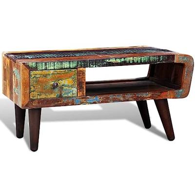 Salontafel met 1 gewelfde rand en 1 lade gerecycled hout - thumbnail