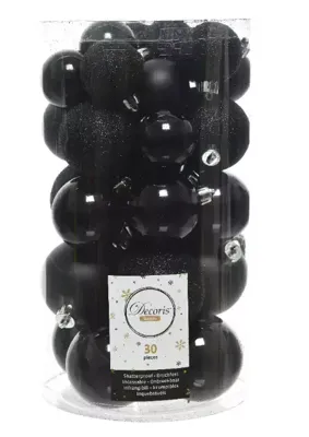 Decoris kerstballen set Plastic 30st Zwarte 4-5-6cm