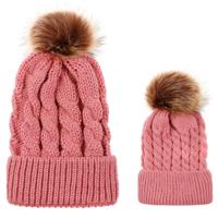 2 in 1 herfst en winter ouder-kind hoed set warme twist textuur gebreide muts met wol bal grootte: ouder-kind (roze) - thumbnail