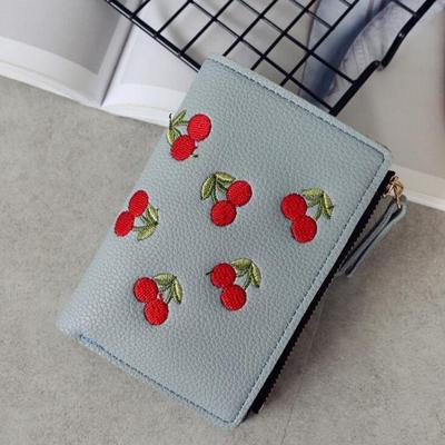 PU lederen Cherry borduurwerk Coin Purse kaarthouders (grijs blauw)