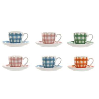 Set van 6 kopjes met schotel Home ESPRIT Blauw Wit Groen Oranje Roze Porselein Strepen Mediterrane 90 ml