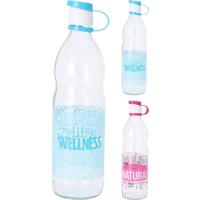 Fles glas 1l met tekst in roze of blauw - thumbnail