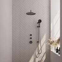 Gunmetal Carving thermostatische regendoucheset met gebogen muurarm, 30 cm douchekop, 3-standen handdouche en glijstang gunmetal geborsteld PVD - thumbnail