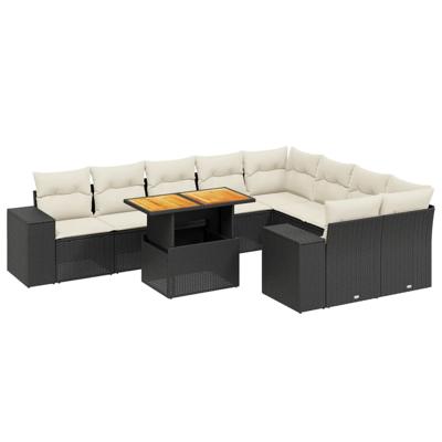 10-delige Loungeset met kussens poly rattan zwart