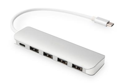 Digitus DA-70242-1 USB 3.2 Gen 1-hub 4 + 1 poorten Met snellaadpoort, Met USB-C stekker, Met aluminium behuizing Zilver