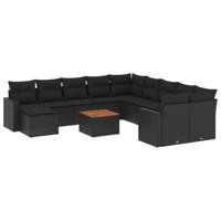 12-delige Loungeset met kussens poly rattan zwart - thumbnail