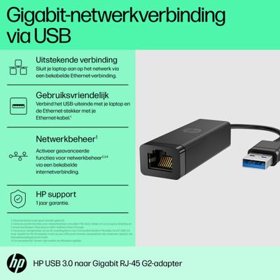 HP USB 3.2 Gen 1 (USB 3.0), RJ45 Adapter [1x USB-A-stekker - 1x RJ45-bus] USB-A - RJ45 Adapter G2 0.1 m