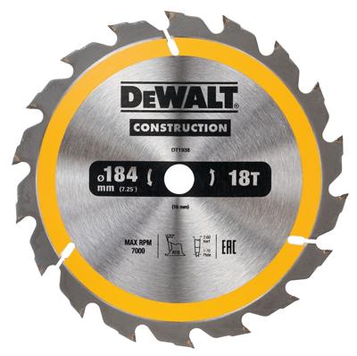 DeWALT Cirkelzaagblad voor Hout | Construction | Ø 184mm Asgat 16mm 18T - DT1938-QZ