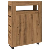 Badkamerkast smal met wielen bewerkt hout artisanaal eiken - thumbnail