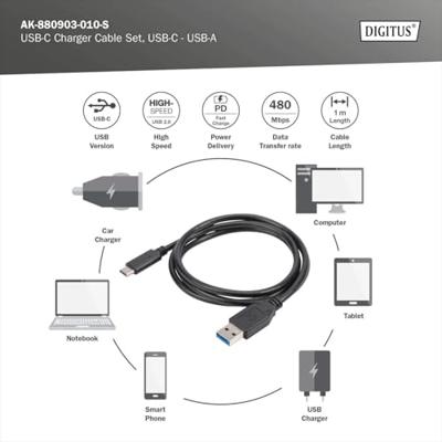 DIGITUS USB 2.0 aansluitkabel - 3 stuks - 1,0 m - USB A (St) naar USB C (St) - 480 Mbit/s - verbindingskabel - zwart, USB 2.0-1,0 m - 3 stuks