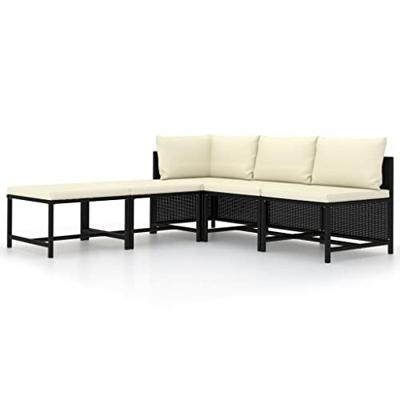 5-delige Loungeset met kussens poly rattan zwart