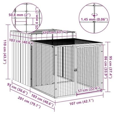 VidaXL Kippenhok met ren 110x201x110 cm gegalvaniseerd staal grijs