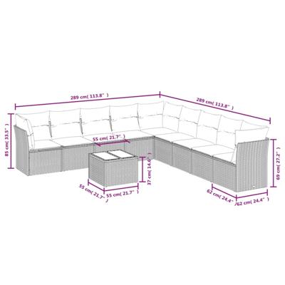 9-delige Loungeset met kussens poly rattan bruin