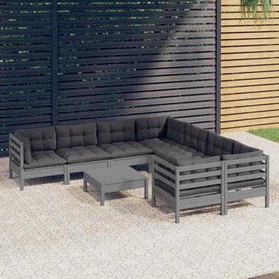 9-delige Loungeset met kussens grenenhout grijs - thumbnail