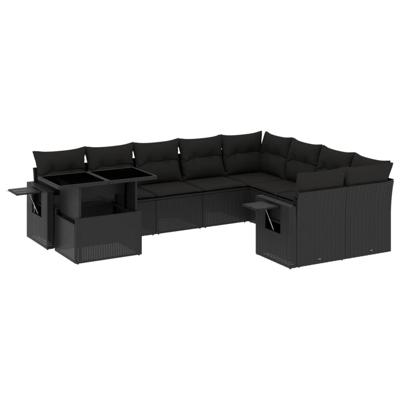10-delige Loungeset met kussens poly rattan zwart - thumbnail