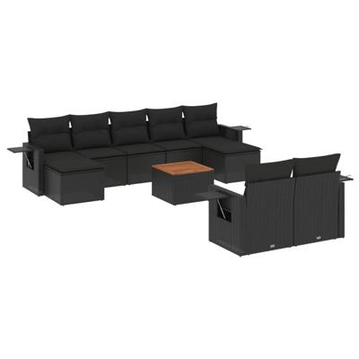 10-delige Loungeset met kussens poly rattan zwart - thumbnail