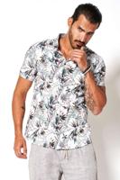 Desoto Heren Overhemd Korte Mouw Wit Blader Print Slim Fit - thumbnail