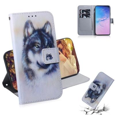 Witte Wolf patroon gekleurde tekening horizontale Flip lederen case voor Galaxy S10 met houder & card slots & portemonnee