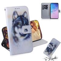 Witte Wolf patroon gekleurde tekening horizontale Flip lederen case voor Galaxy S10 met houder & card slots & portemonnee - thumbnail