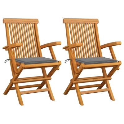 Tuinstoelen 2 st met grijze kussens massief teakhout
