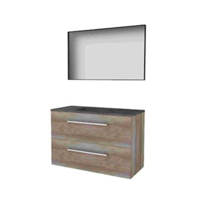 Basic-Line Framed 46 Badkamermeubelset - 100 x 46 cm - Met Grepen - 2 Lades - Hardstenen Wastafel - Zonder Kraangat - Spiegel met Zwart Aluminium Frame - Scotch Oak
