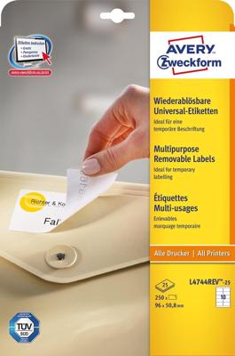 Avery afneembare witte etiketten Stick & Lift ft 96 x 50,8 mm, 250 stuks, 10 per blad Avery afneembare witte etiketten Stick & Lift ft 96 x 50,8 mm, 250 stuks, 10 per blad