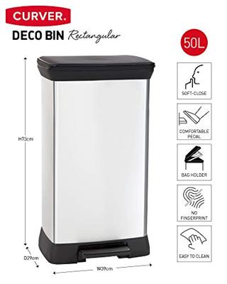 Curver decobin pedaalemmer rechthoekig 50 liter zilver metallic