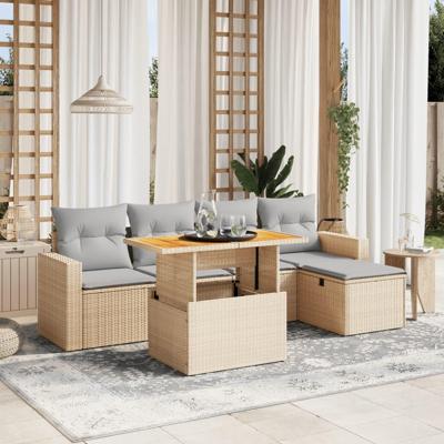 6-delige Loungeset met kussens poly rattan beige