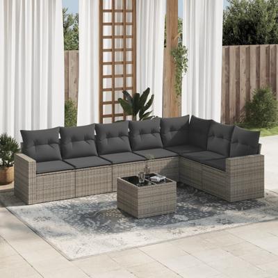 8-delige Loungeset met kussens poly rattan grijs