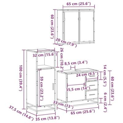 3-delige Badkamermeubelset bewerkt hout sonoma eikenkleurig