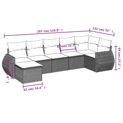 7-delige Loungeset met kussens poly rattan grijs