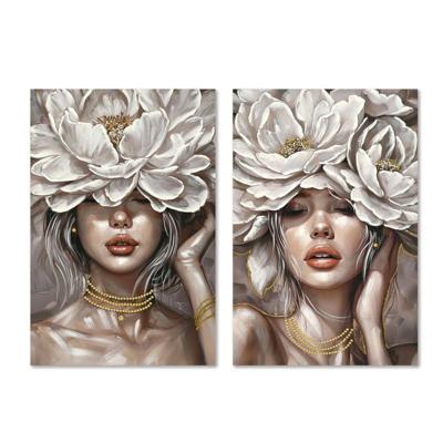 Canvas Home ESPRIT Wit Beige Blommor Romantiek 60 x 3 x 90 cm (2 Stuks)