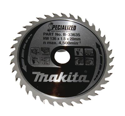 Makita Cirkelzaagblad voor Hout | Specialized: Accu | Ø 136mm Asgat 20mm 36T - B-33635 - thumbnail