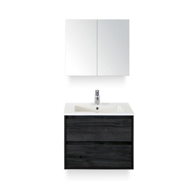 Porto Badmeubelset 70 cm - Black Oak - Keramische Wastafel Wit Slim - met Spiegelkast
