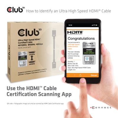 Club 3D ultra high speed hdmi 2.1 gecertificeerde kabel male-male (zwart, 1,5 meter, 4k 120hz, 8k 60hz, 48 gbps)