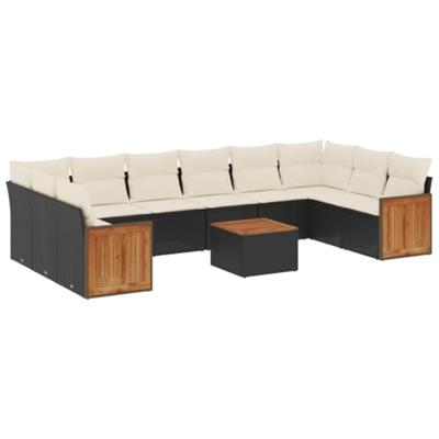 11-delige Loungeset met kussens poly rattan zwart